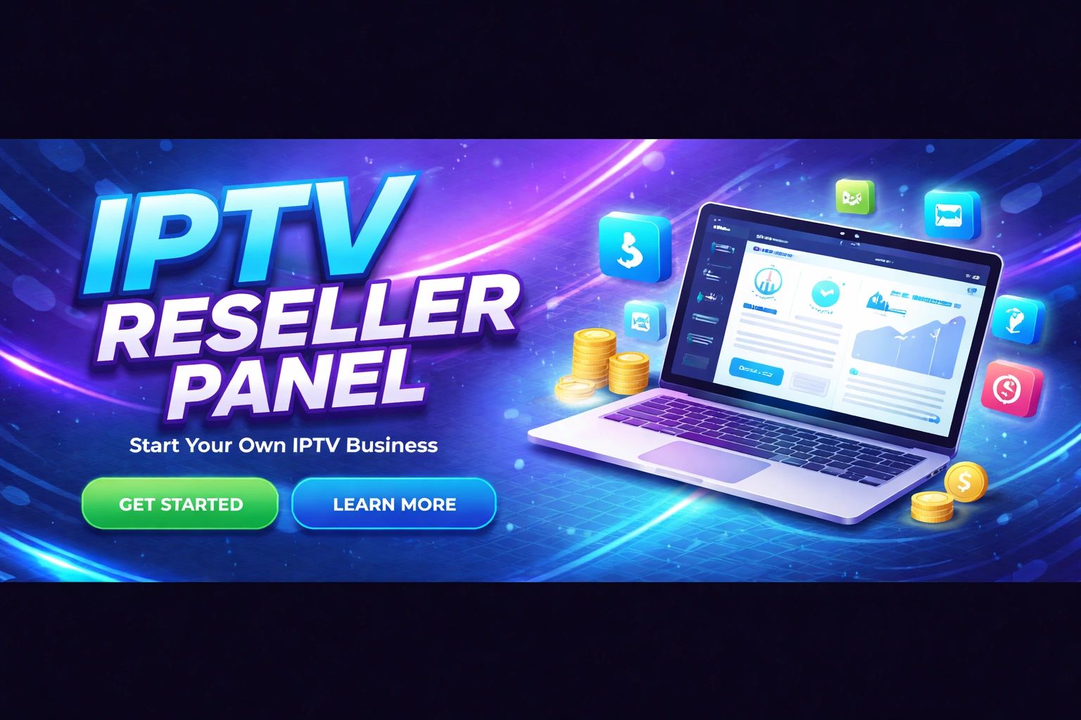 IPTV Reseller Panel advertisement with a laptop and call-to-action buttons.