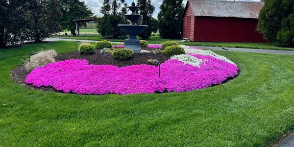 Vibrant pink flowers surround a black fountain in a lush garden with a red barn in the background.