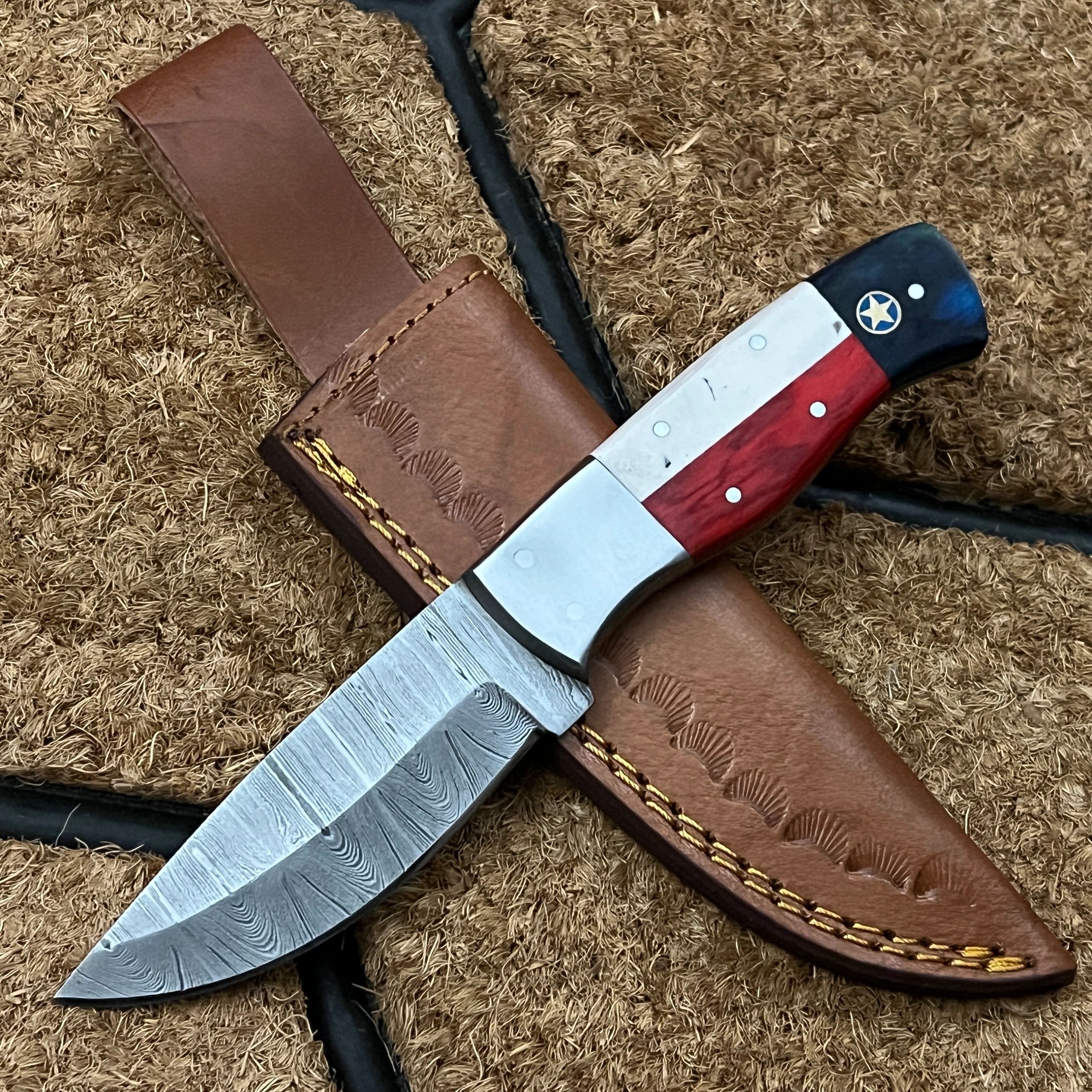 Texas Pride Damascus Hunter Knife with Unique Handle