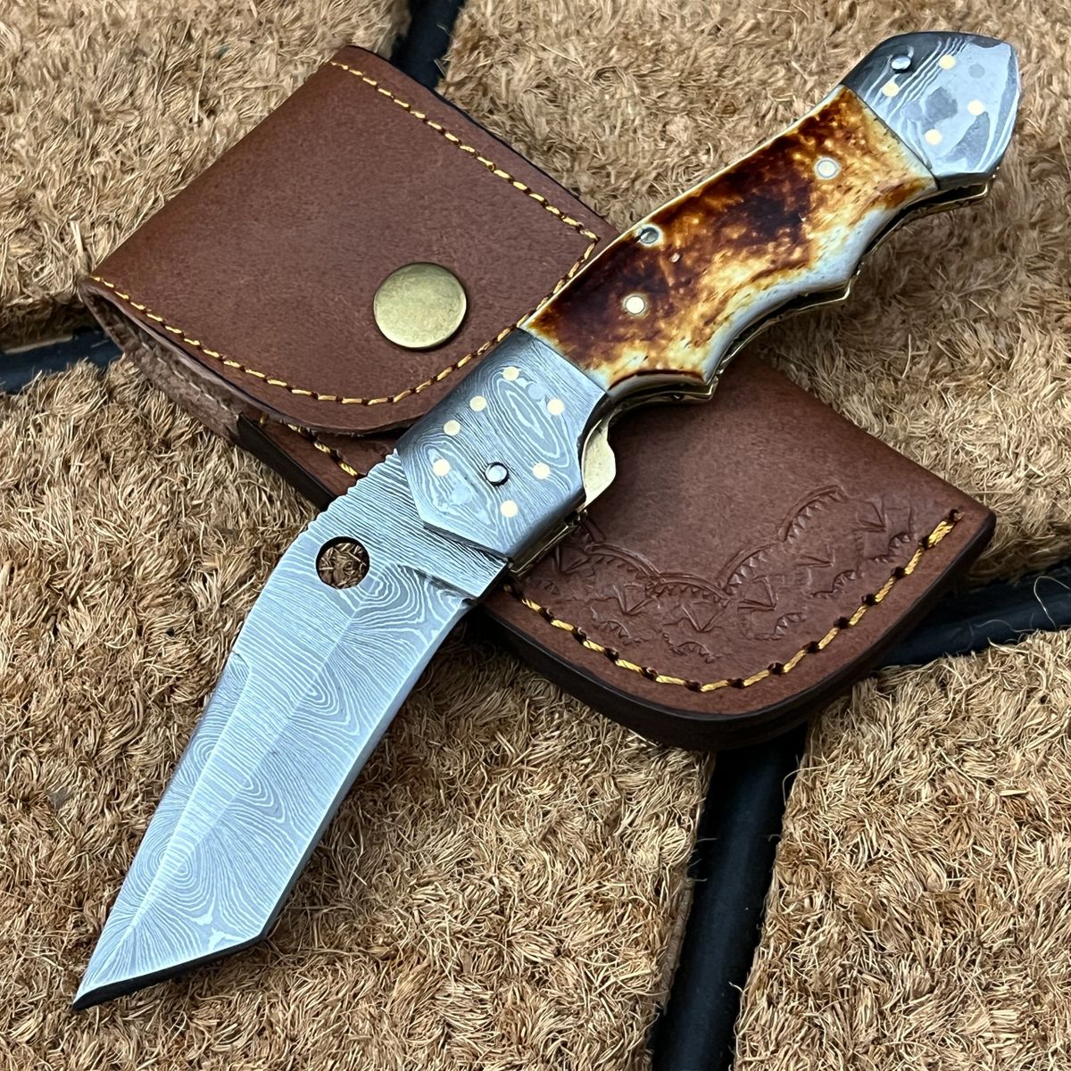 ASH LS42 Damascus steel custom handmade pocket folding Tanto knife