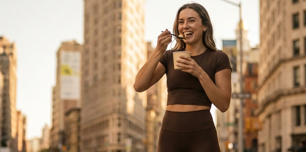 Woman enjoying a snack in the city.