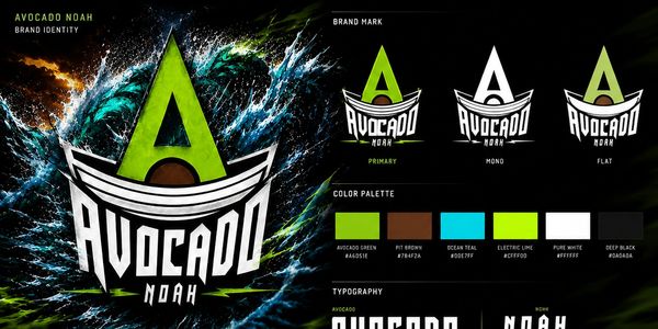 Dynamic Avocado Noah brand identity with bold typography and vibrant colors.