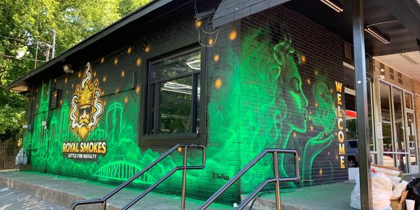 Vibrant graffiti art featuring a smoking woman and a crown logo on a green-themed building.