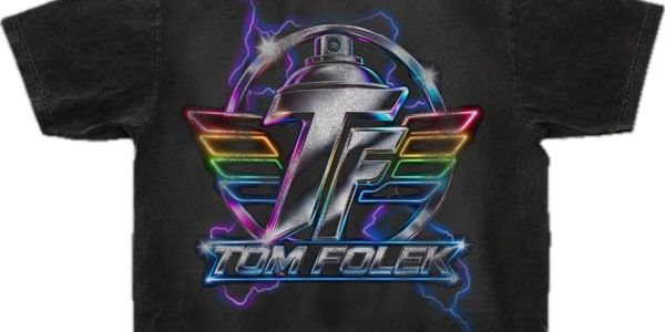 Black T-shirt with neon rainbow TF and Tom Folek logo.