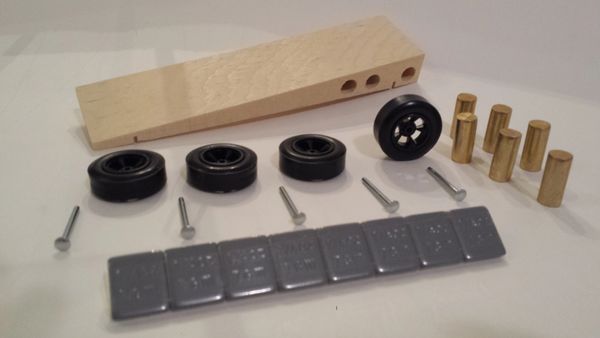 This is our wedge car kit. Showing options of weights availible. All car kits come with Pinecar bran