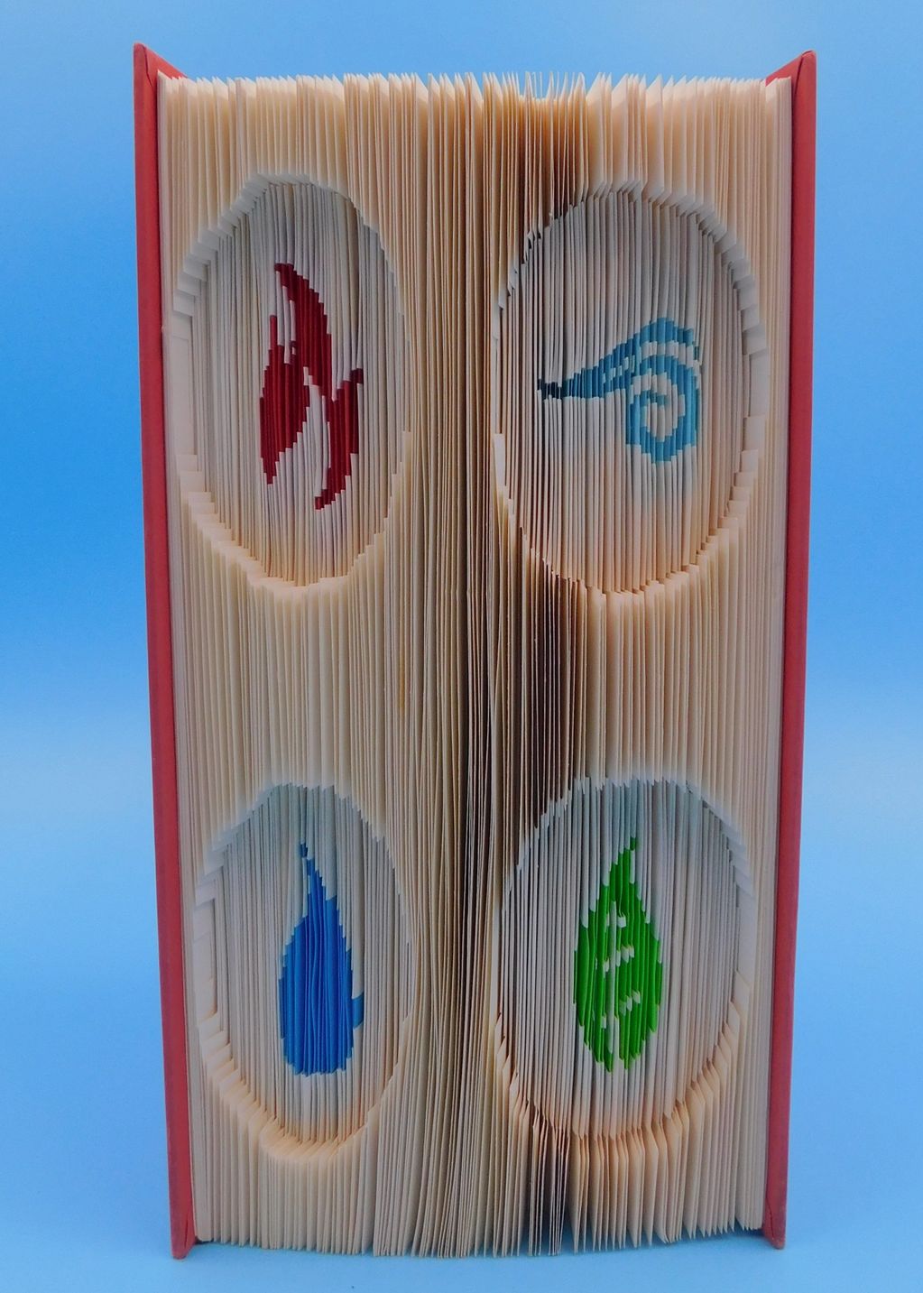 The symbols for Fire, Air, Water, and Earth have been folded into the foredges of a book.