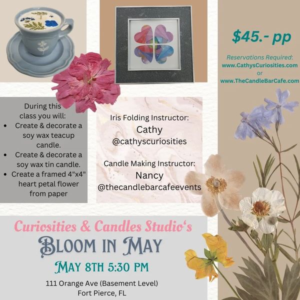 Flyer showing a candle in a pale blue teacup, a framed flower created by folding and layering paper,