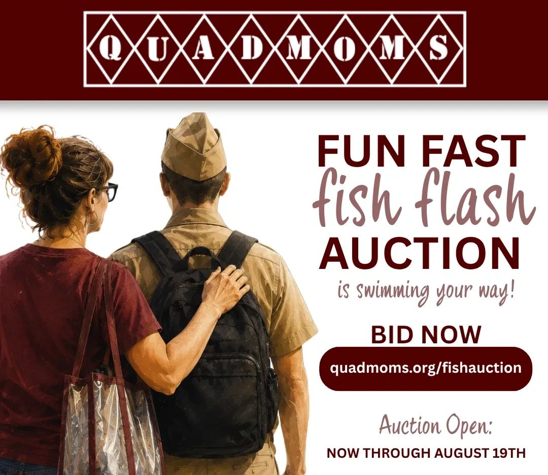 Quadmoms Fish Flash Auction announcement with military mom and child.