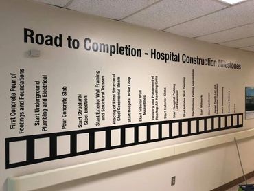 Cut vinyl graphics applied to wall at the hospital to mark progress of new building.  Pictures will 