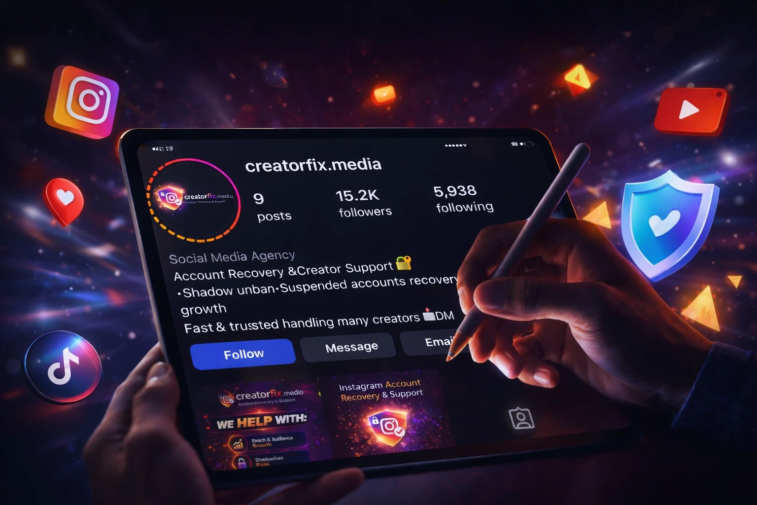 Person exploring a social media recovery service profile on a tablet with digital icons around.