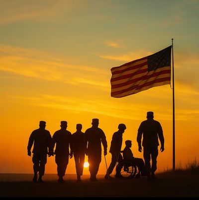 Silhouettes of nine veterans beneath an American flag, symbolizing solidarity and resilience.