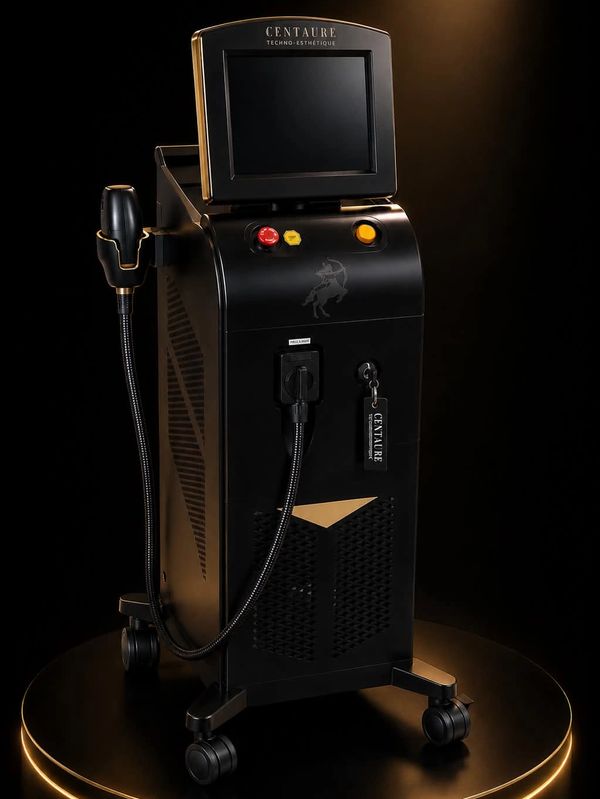Black Centaure Techno-Esthétique machine with touchscreen and handheld device on wheels.