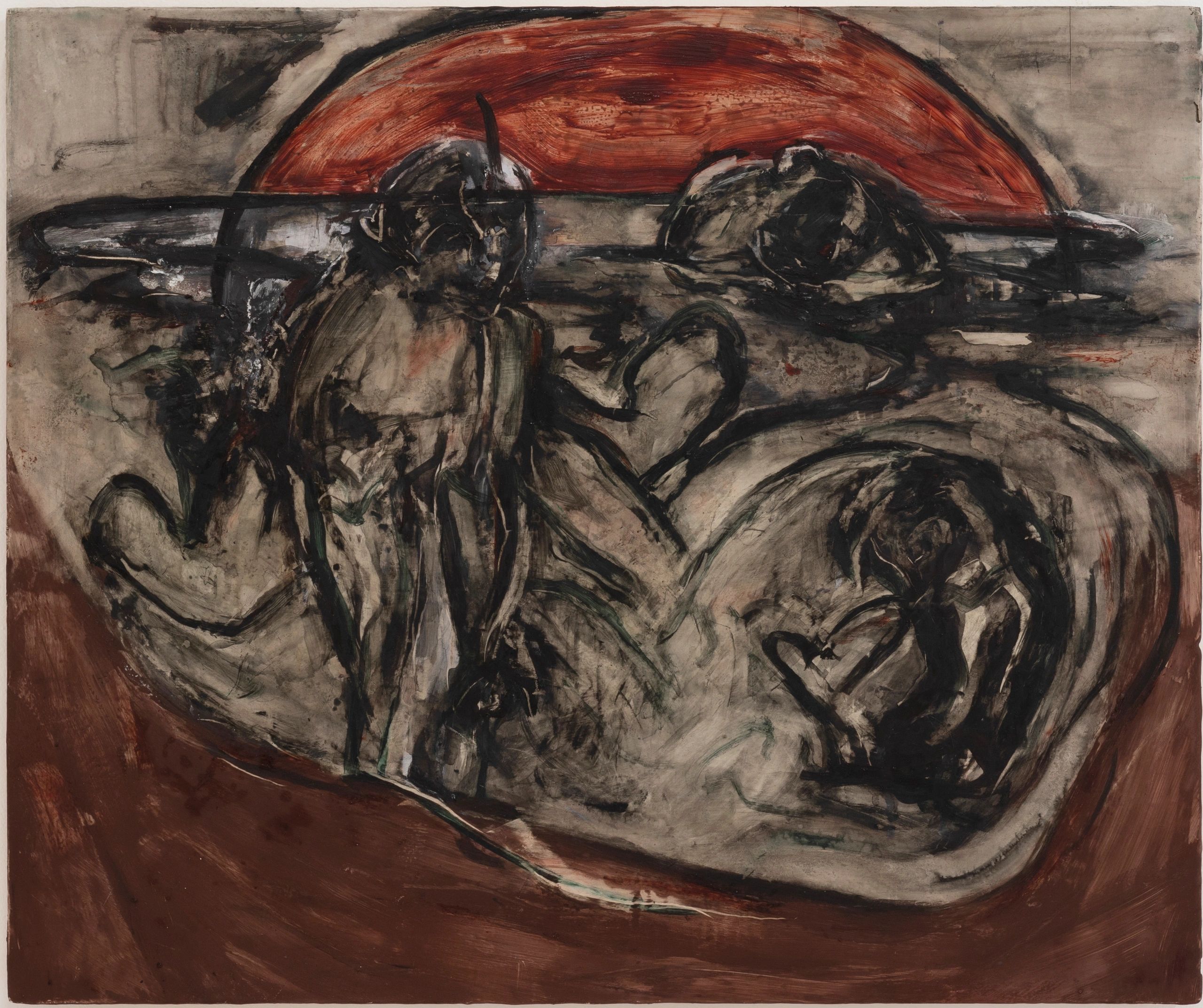 Abstract painting of figures with a bold red semicircle background.