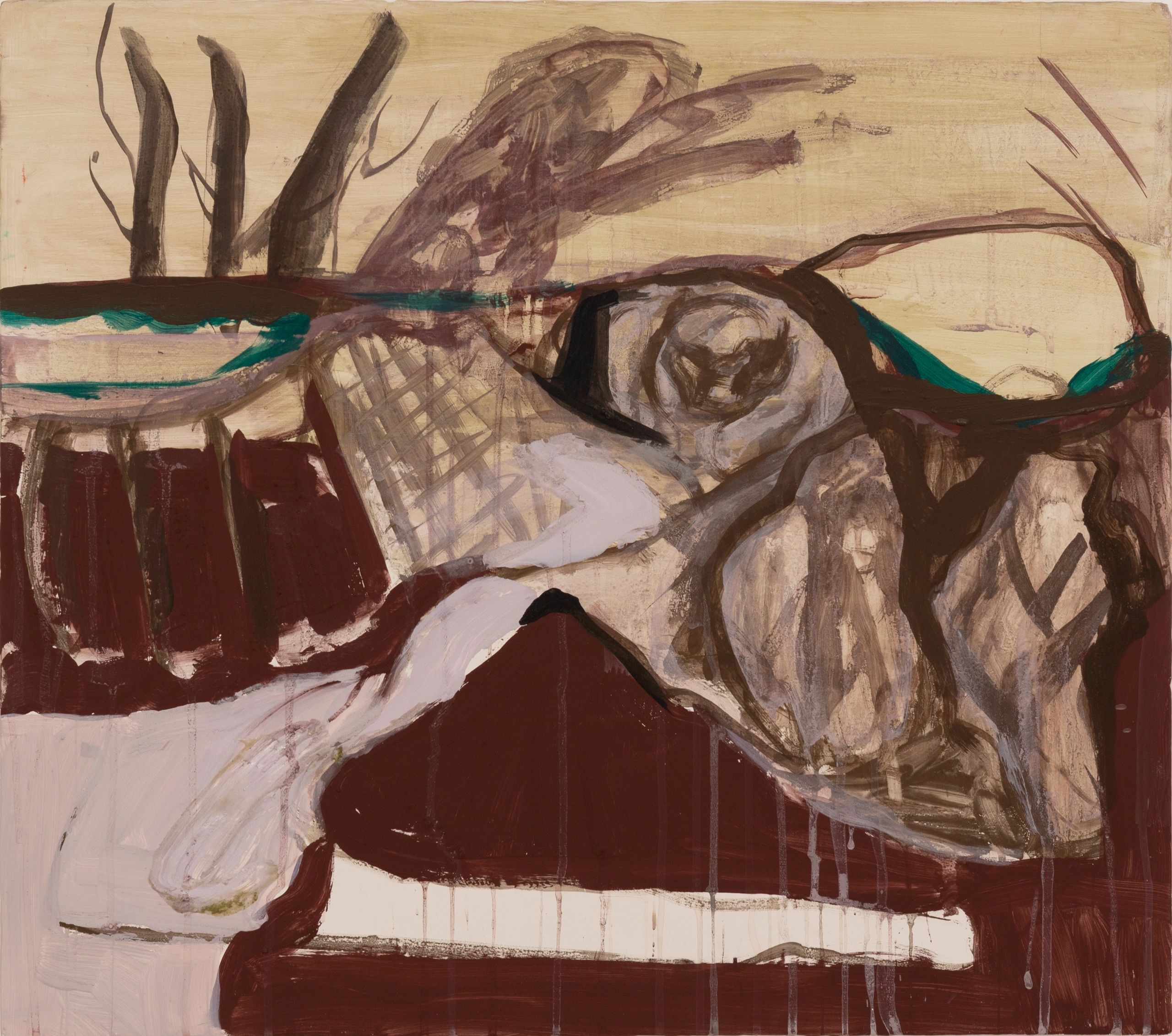 Abstract painting with earthy tones and dynamic brushstrokes.
