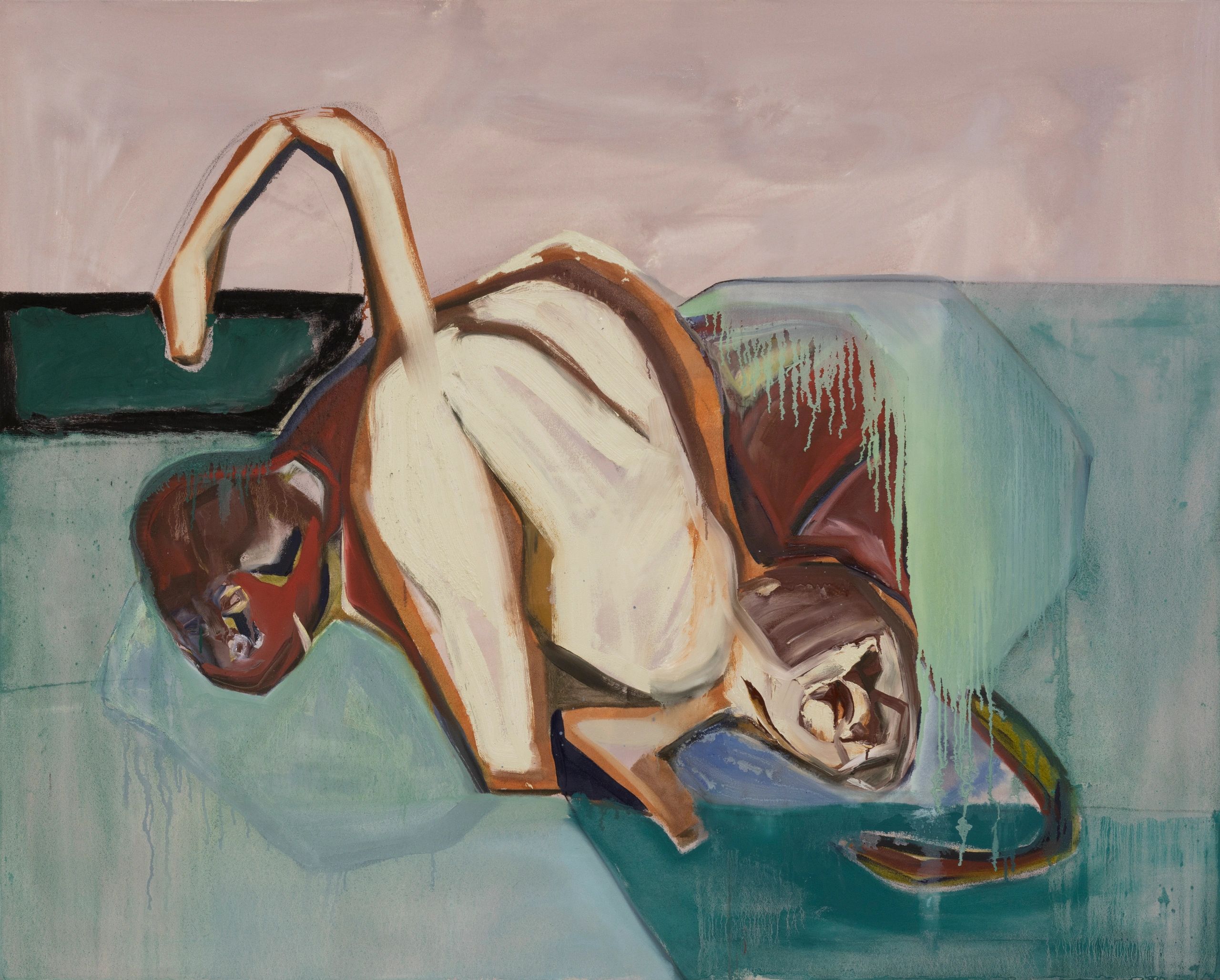 Abstract painting of a nude figure reclining on a blue and red surface.