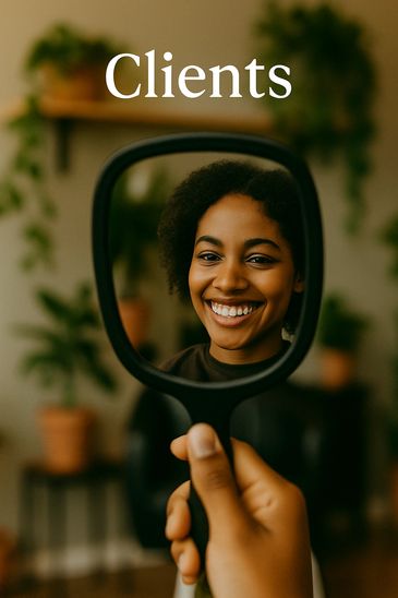 Smiling client admires new hairstyle in mirror at inclusive community salon in moreno valley
