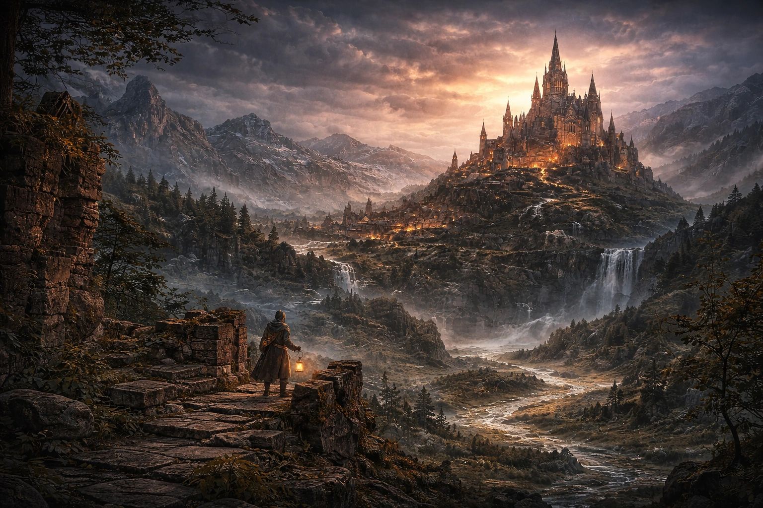 A lone traveler with a lantern approaches a glowing castle in a misty mountainous landscape.
