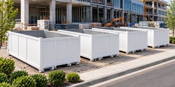 White construction dumpsters lined up outside a building site.