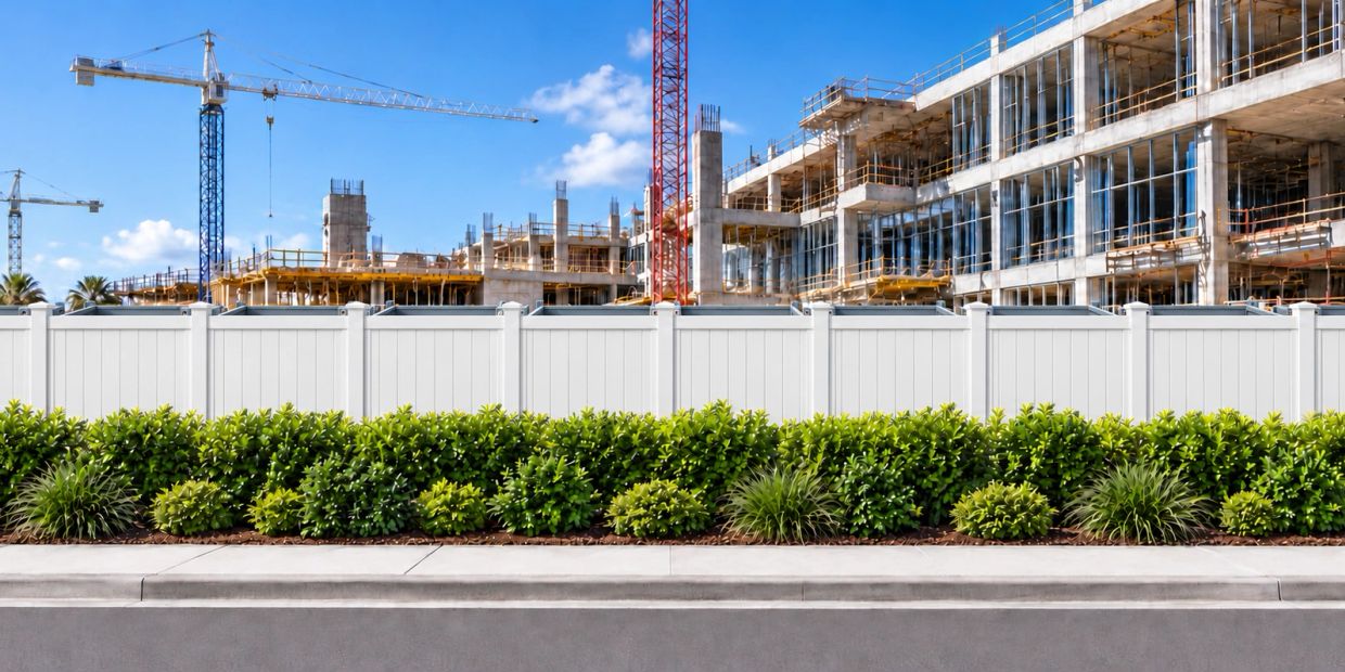 Construction site behind a white fence with green bushes.