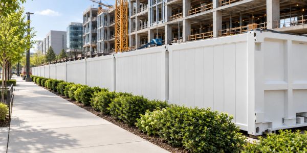 Construction site behind white barriers with bushes along a sidewalk.