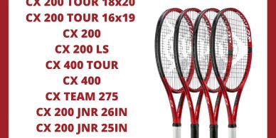 Various models of CX Range tennis rackets displayed with specifications.