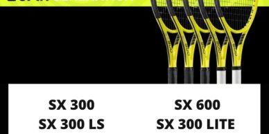 Display of yellow-black SX tennis rackets with model names and a tennis theme.