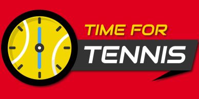 Clock with tennis ball design and "Time for Tennis" text.