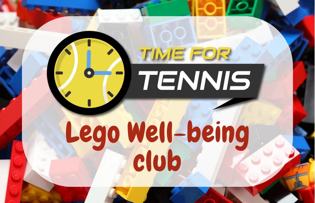Promotional graphic for a Lego well-being club featuring tennis.