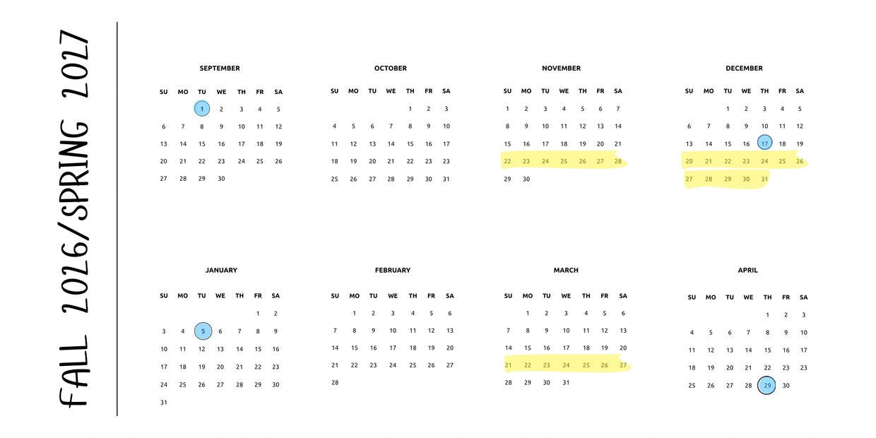 Academic calendar highlighting important dates from September to April 2017.