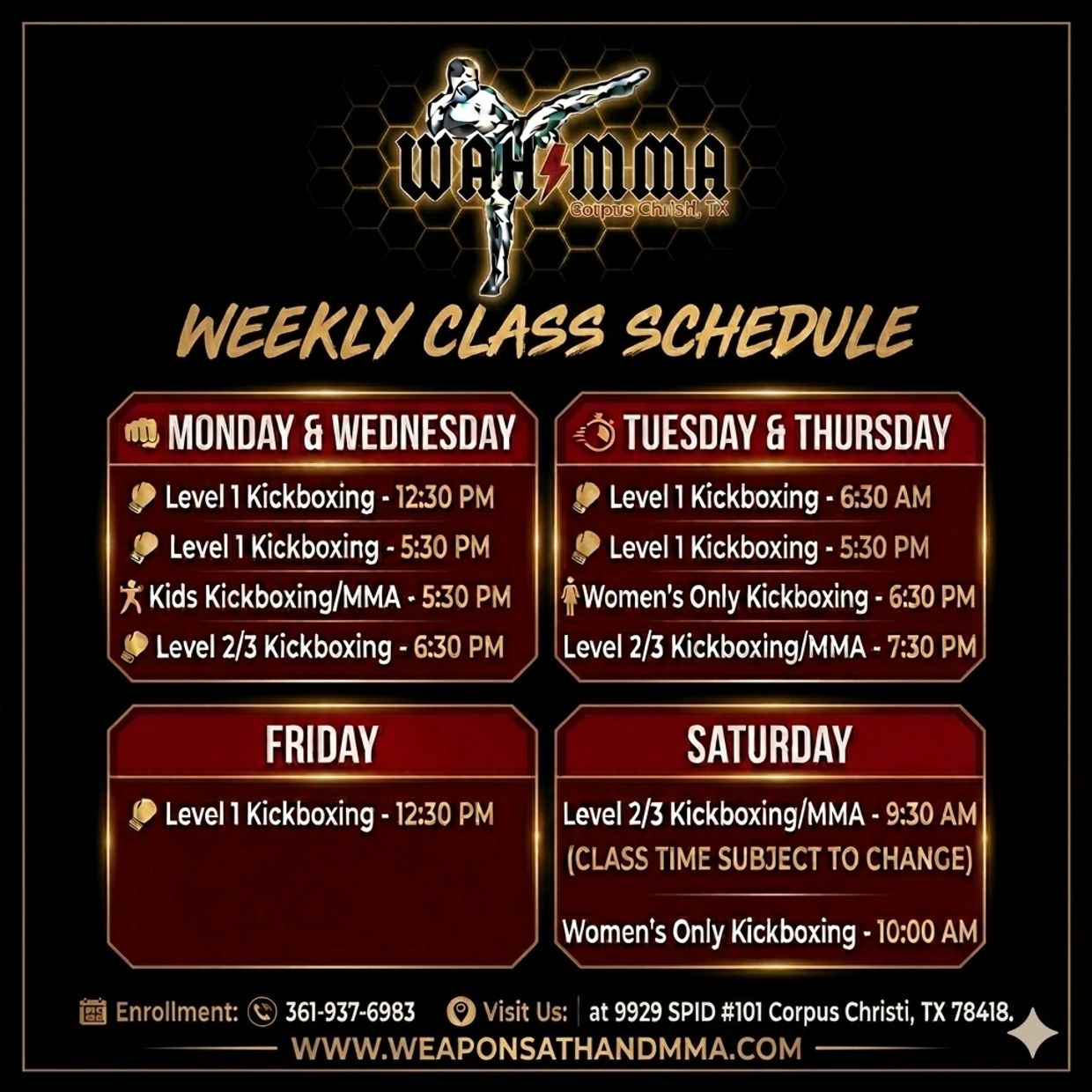 Weekly MMA and kickboxing class schedule.