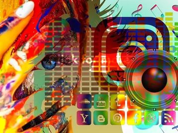 Colorful artistic face with social media icons.