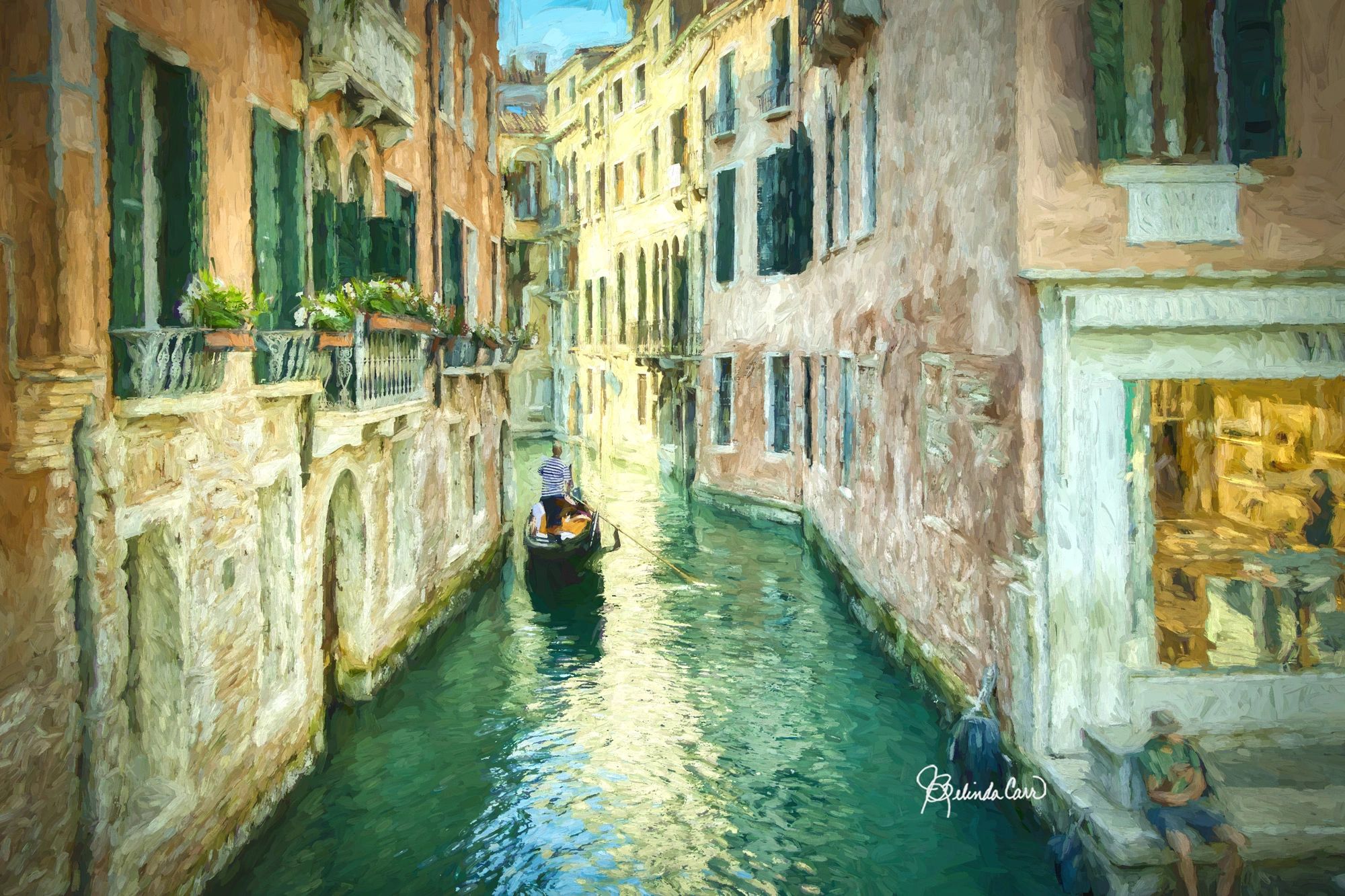 A canal in Venice with gondola and partial shop window.