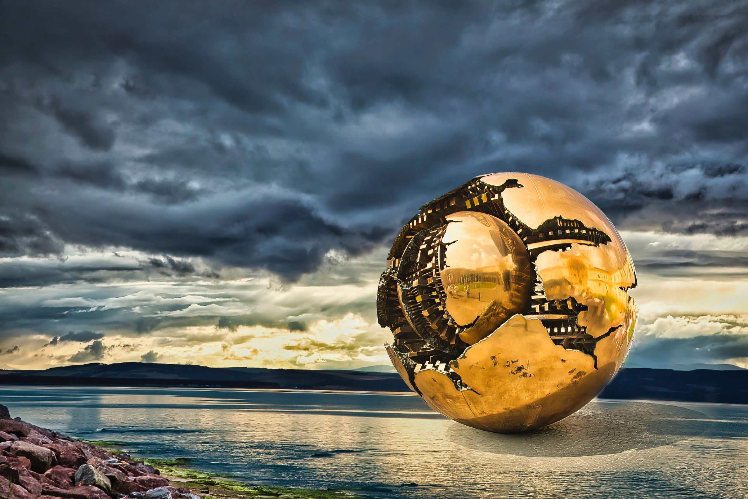 Big Gold Sphere on Water