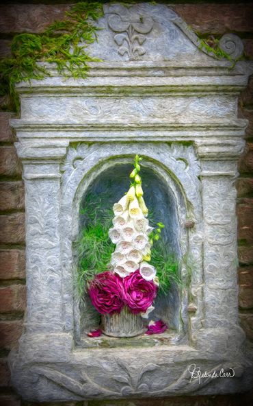 An outdoor niche  adorned with flowers