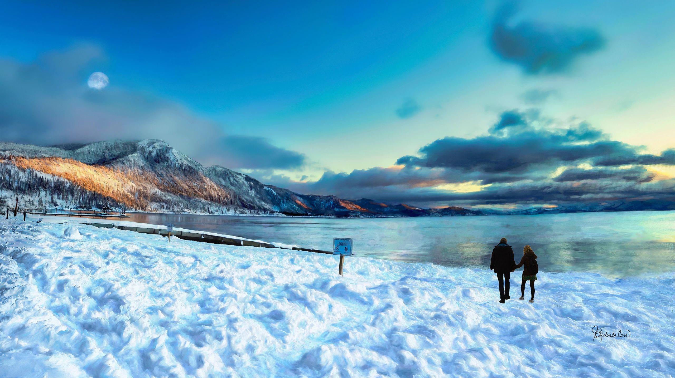 Couple walking on snowy beach