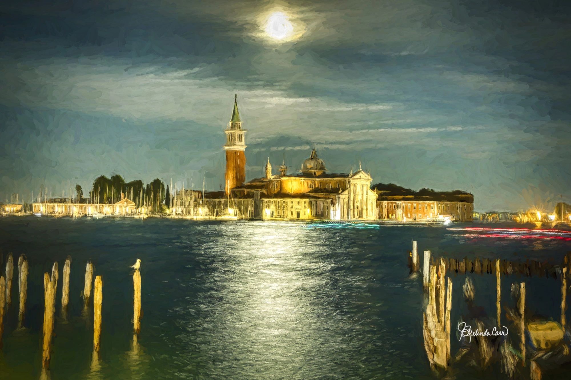Moonlight streaming over St. Mark's Baisin with San Georgio Maggiore in the back