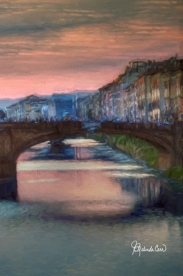 An art rendering of a photo of a bridge in Florence, Italy.