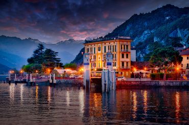 Hotel Oliveda in Varenna on the shores of Lake Como at sunset.