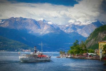 A large steam-paddled ferry crossing Lake Como.