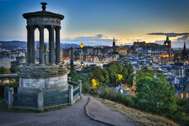 Edinburgh, Scotland skyline at sunset.