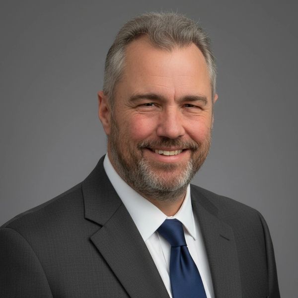 Smiling middle-aged man in a dark suit and blue tie against a gray background.
