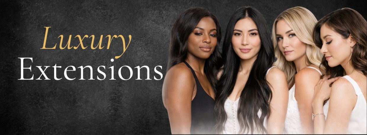Four women posing with text saying Luxury Extensions.