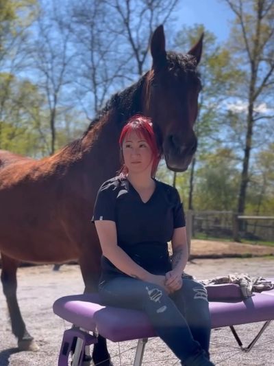 Young woman with red hair sitting on a purple bench, a brown horse stands behind her.