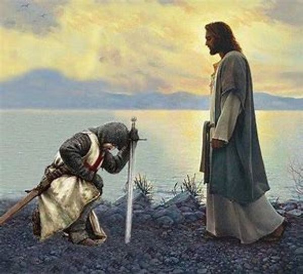 A knight kneels and bows his head before a standing figure resembling Jesus by a lakeside at sunset.