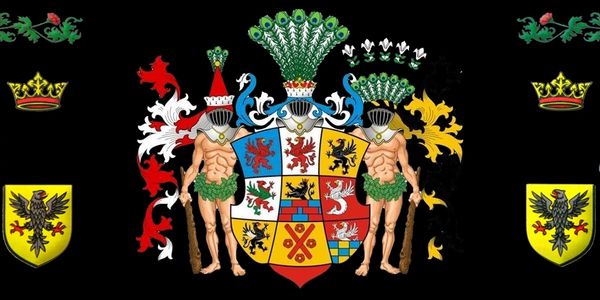 A detailed heraldic coat of arms with two armored figures and multiple crests.