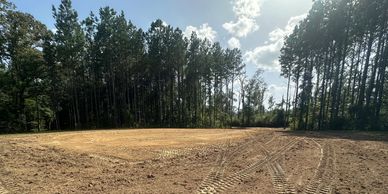 Cleared land area near a forest with tire tracks.