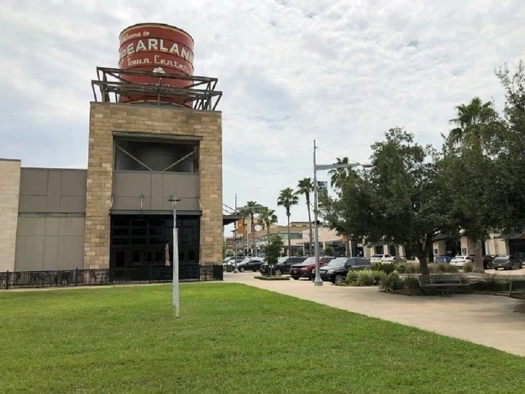 Buildings and a water tower at the Pearland Town Center in Pearland, Texas.