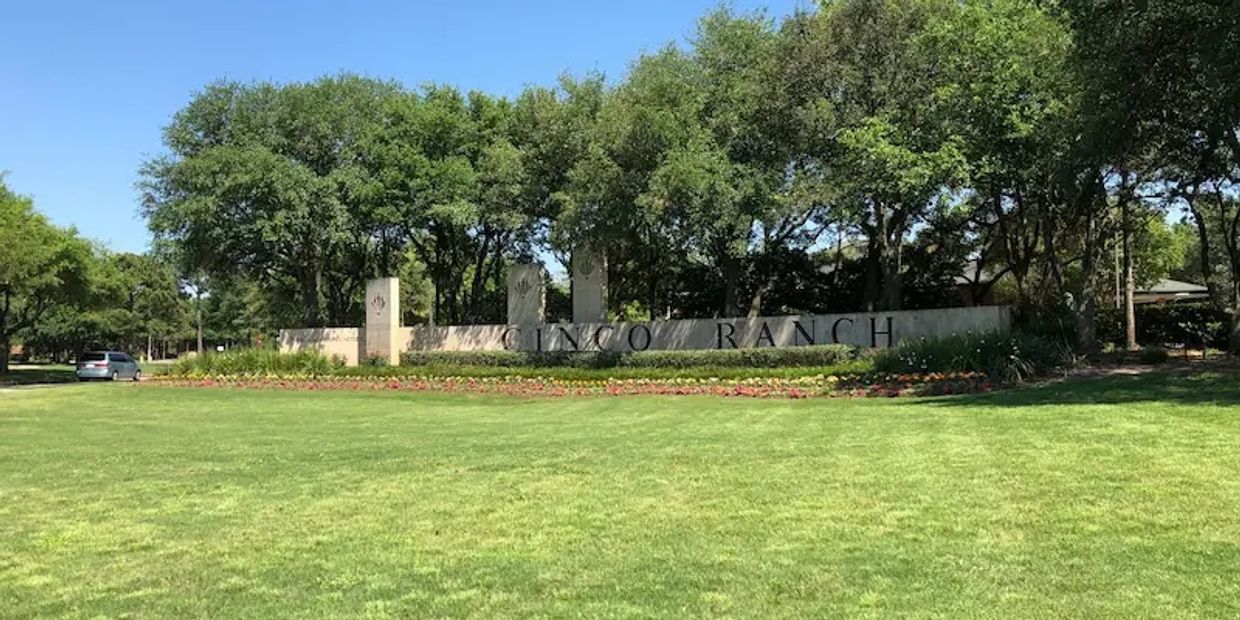 The Cinco Ranch subdivision sign in Katy, Texas.