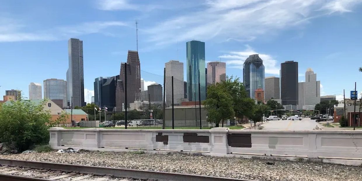 The city skyline on a bright sunny day.