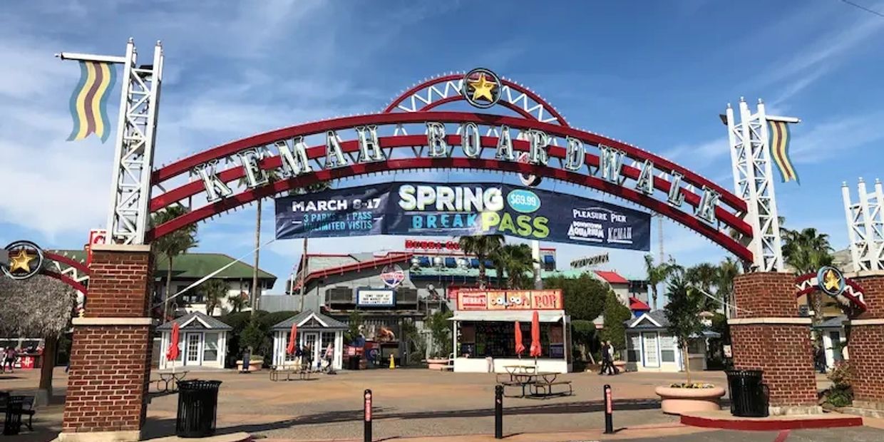 Kemah Boardwalk entrance sign in Kemah, Texas.